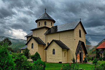 Fototapeta na wymiar Monastery Moracha at rainy autumn day, Montenegro.