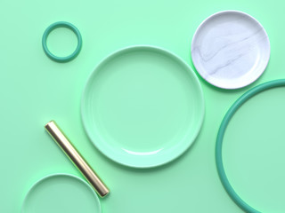 flat lay soft green pastel scene abstract geometric shape gold white marble 3d rendering blank dish circle frame