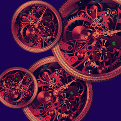 Old mechanical clock. Vintage mechanism structure with clock hands, gears and colorful stones. Inside view. Background. Hands of the clock are moving - life goes on. Illustration without reference