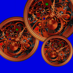 Old mechanical clock. Vintage mechanism structure with clock hands, gears and colorful stones. Inside view. Background. Hands of the clock are moving - life goes on. Illustration without reference