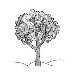 Contour hand drawing zendoodle tree. Stylization and fantasy. Black and white isolated vector illustration. Coloring book for children and adults.