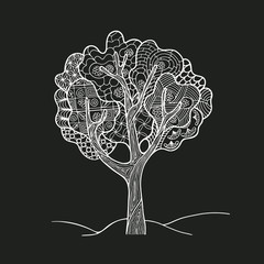 Contour hand drawing zendoodle tree. Stylization and fantasy. White isolated vector illustration on black background. Vintage element for your disign.