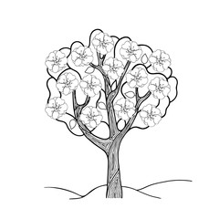 Hand drawing doodle blossoms tree with leaves: plum, peach and cherry. Stylization and fantasy. Black and white isolated vector illustration. Coloring book for children and adults.