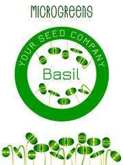 Microgreens Basil. Seed packaging design, round element in the center. Sprouting seeds of a plant