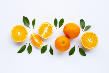 High vitamin C. Fresh orange citrus fruit with leaves isolated on white .