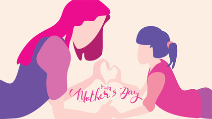 Happy mother's day! Cute little boy congratulates mom with dancing, playing, laughing, and together showing heart shape symbol. Vector illustration flat design style. Flat cartoon style. - Vector