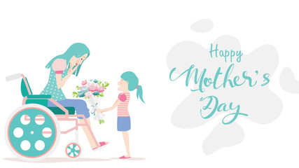 Happy mother's day! Child daughter congratulates disabled mum in wheelchair and gives her flowers tulips. Colorful vector illustration flat design style. Flat cartoon style. - vector