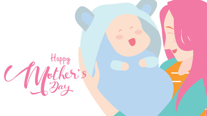 Happy mother's day! beautiful Mum laughing, smiling and holding healthy baby with happy. Colorful vector illustration flat design style. Flat cartoon style. - vector