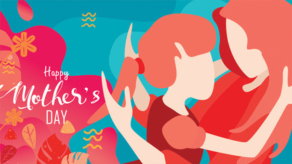 Vector illustration flat design style happy mother's day! Child daughter running and hugging to her mum to congratulate with liquid shape background with living coral color trendy 2019. - vector