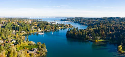 Foto op Plexiglas Winding Harbor Aerial View of Bainbridge Island Mt Rainier Seattle © CascadeCreatives