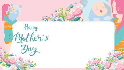 Happy mother's day banner. beautiful Mum smiling and holding healthy baby with happy. Colorful vector illustration flat design style. Flat cartoon style. Copy space for text. - vector
