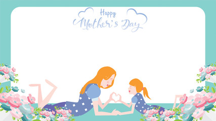 Happy mother's day banner. Child daughter congratulates mom with dancing, playing, and hands showing heart shape symbol. Colorful vector illustration flat design style. Copy space for text. - vector