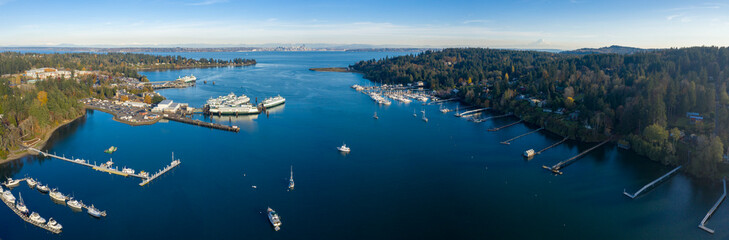 Eagle Harbor Looking Towards Seattle Aerial Landscape - Bainbridge Island Washington USA - Panoramic View of Mount Rainier and Ferry Terminal - obrazy, fototapety, plakaty