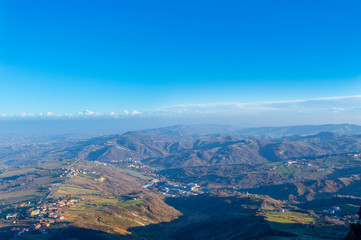 Beautiful view from San Marino city to hills of San Marino. Italian hills view from above