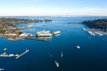 Bainbridge Island Winslow Waterfront Eagle Harbor Drone Aerial View Seattle Washington Skyline Sunny Day