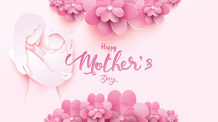 Happy Mother's day greeting card. Paper cut style beautiful mom smiling and holding healthy baby with full of happiness in pink background with horizontal flower frame. Vector illustration. - Vector