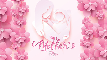 Happy Mother's day greeting card. Paper cut style beautiful mom smiling and holding healthy baby with full of happiness in pink background with vertical flower frame. Vector illustration. - Vector