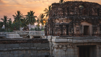 achyutaraya temple in hampi karnakata india at sunrise with cloudy and colorfull sky