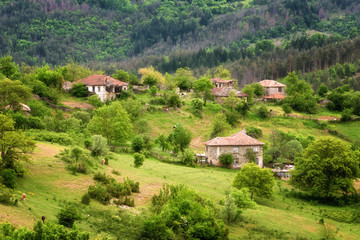 Fototapeta na wymiar Spring is coming... Amazing spring view with a little village in Rhodopi Mountains, Bulgaria. Magnificent landscape, green fields, small houses