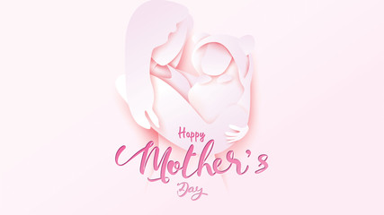 Happy mother's day greeting card. Paper cut style beautiful Mum smiling and holding healthy baby with full of happiness in pink background. vector illustration. - vector
