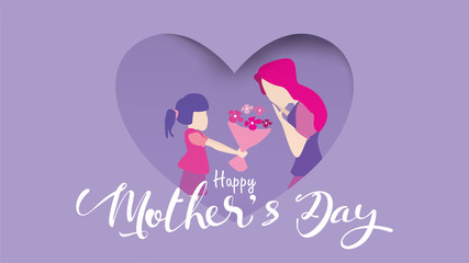 Happy mother's day! Child daughter congratulates mom and gives her flowers tulips in frame of heart shape paper cut. Mum smiling and surprising. vector illustration flat design style. - vector
