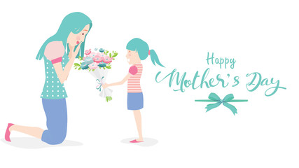 Happy mother's day! Child daughter congratulates mom and gives her flowers tulips. Mum smiling and surprising. Colorful vector illustration flat design style. Flat cartoon style. - vector