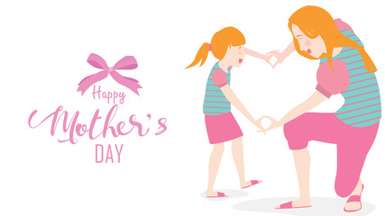 Happy mother's day! Cute Child daughter congratulates mom dancing, playing, laughing, and showing heart shape symbol. Colorful vector illustration flat design style. Flat cartoon style. - vector