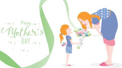 Happy mother's day! Child daughter congratulates mom and gives her flowers tulips. Mum smiling and surprising. Colorful vector illustration flat design style. Flat cartoon style. - vector