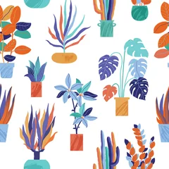 Keuken foto achterwand Planten in pot Felgekleurde naadloze patroon met gestileerde kamerplanten, kamerplanten - monstera, cactus, ficus in potten, vectorillustratie op witte achtergrond. Funky kamerplanten, kamerplanten naadloos patroon