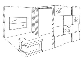 Exhibition stand graphic interior black white sketch illustration vector