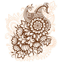 Mehndi flower pattern with peacock for Henna drawing and tattoo. Decoration in ethnic oriental, Indian style.