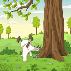 Young dog is peeing on a tree. Vector Illustration with separate layers. 