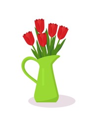 Tulips in jug for concept design. Red tulip flowers bouquet. Spring bouquet isolated on white background. Vector illustration.