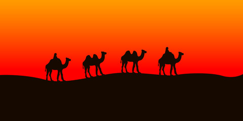 Camel caravan going in the Sahara desert. Vector illustration.