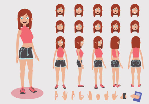Fashion teenage girl character with various views and face emotions. Front, side, back, 3/4 view animated character. 