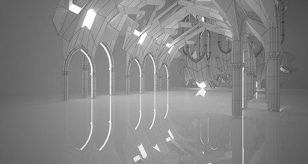 Abstract drawing white gothic interior multilevel public space with window. 3D illustration and rendering.