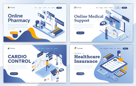 Set Of Landing Page Design Templates For Online Pharmacy, Online Medical Support, Cardio Control And Healthcare Insurance. Easy To Edit And Customize. Modern Vector Illustration Concepts For Websites