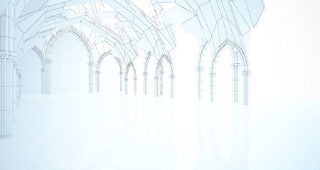 Abstract drawing white gothic interior multilevel public space with window. 3D illustration and rendering.
