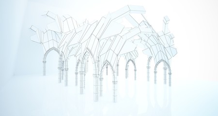 Abstract drawing white gothic interior multilevel public space with window. 3D illustration and rendering.