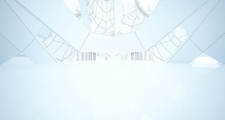 Abstract drawing white gothic interior multilevel public space with window. 3D illustration and rendering.