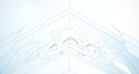 Abstract drawing white gothic interior multilevel public space with window. 3D illustration and rendering.