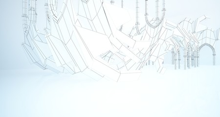 Abstract drawing white gothic interior multilevel public space with window. 3D illustration and rendering.