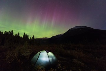 Wild northern mountains with an illuminated tent viewing a spectacular green northern lights aurora...