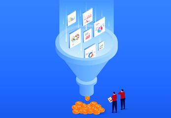 Businessman filters working documents and data analysis into gold coins