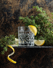 Gin , tonic with slices of lemon and a sprig of juniper .