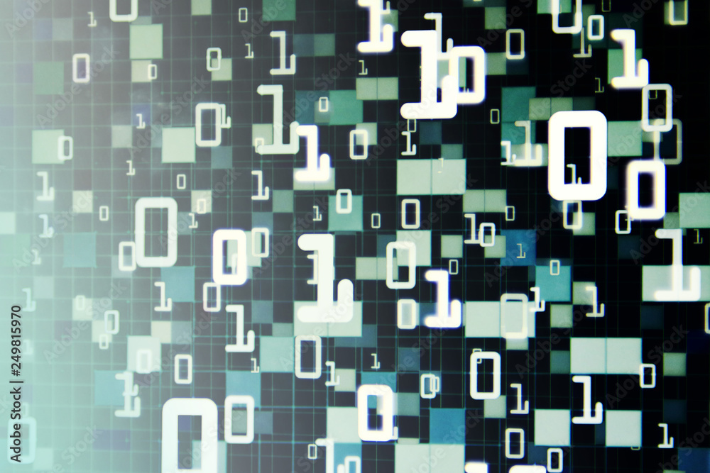 Aufkleber Matrix Futuristic space theme multiple exposure binary numbers moving down from top of the frame on blue and black background. blue block pixel for computer data transfer information concepts.
