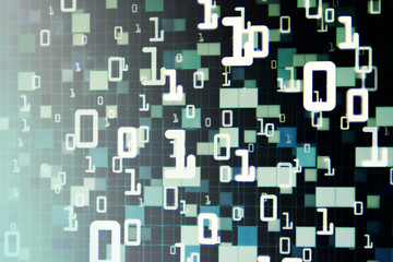 Matrix Futuristic space theme multiple exposure binary numbers moving down from top of the frame on blue and black background. blue block pixel for computer data transfer information concepts.