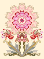 Vertical pattern with fairy peacocks, mandala flower, paisley and stylized leaves on light yellow background in vector.