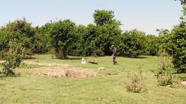 Fisher taking his push basket and his plastic bag filled with clams and walking throughout a field 