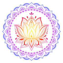 Circular pattern in form of mandala with lotus flower for Henna, Mehndi, tattoo, decoration. Decorative ornament in ethnic oriental style. Rainbow design on white background.